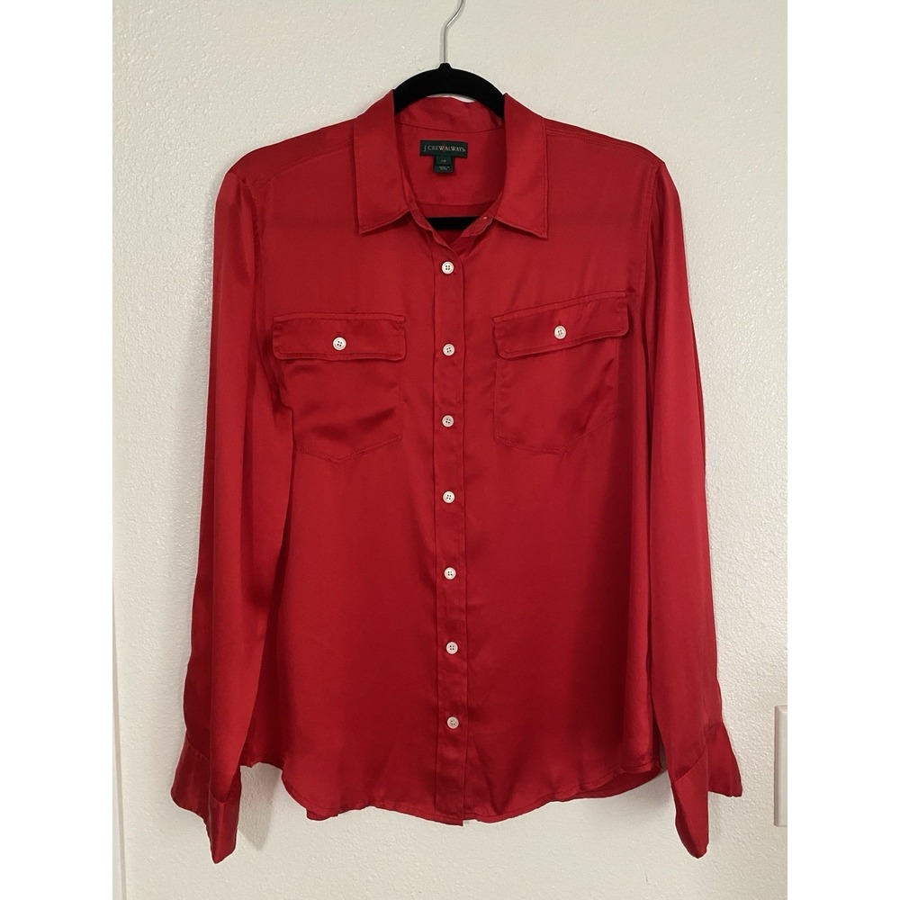 J.Crew Always Red Silk Button Down Shirt Collared Blouse Size 10
